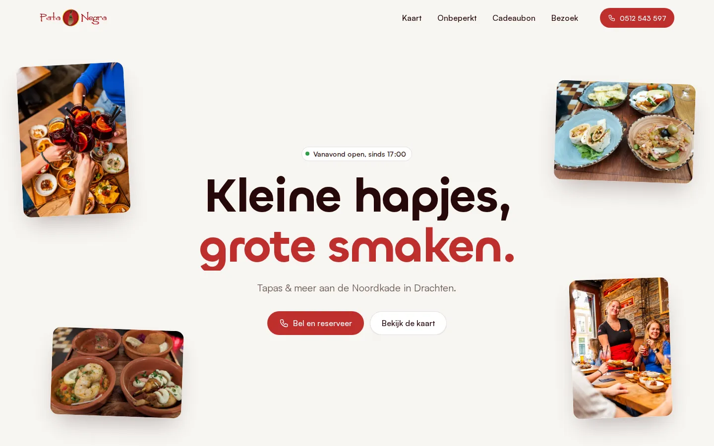 Richting C: lichte pagina met foto's van tafels vol tapas rond de slogan